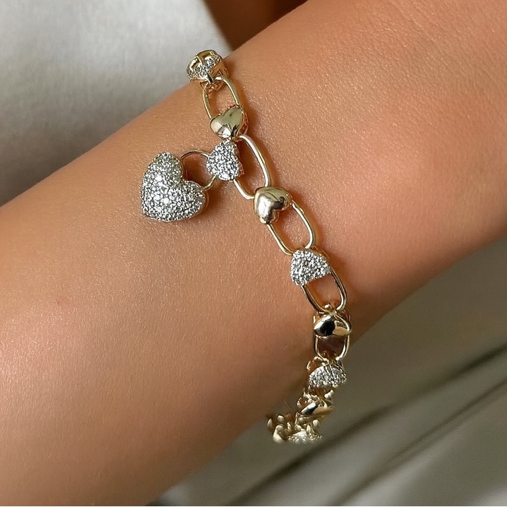 14k Gold Plated Heart Paperclip Bracelet Waterproof Pave Jewelry 38$